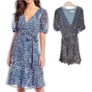 Eliza J Blue Leopard Print Metallic Clip Dot Faux Wrap Dress Plus Size 22W NEW